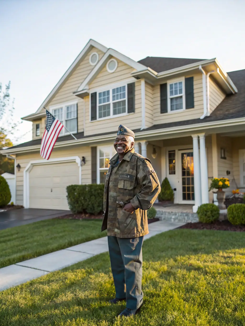 A respectful image of a veteran family standing proudly in front of their new home in Laguna Beach, symbolizing the benefits of VA loans for military personnel.