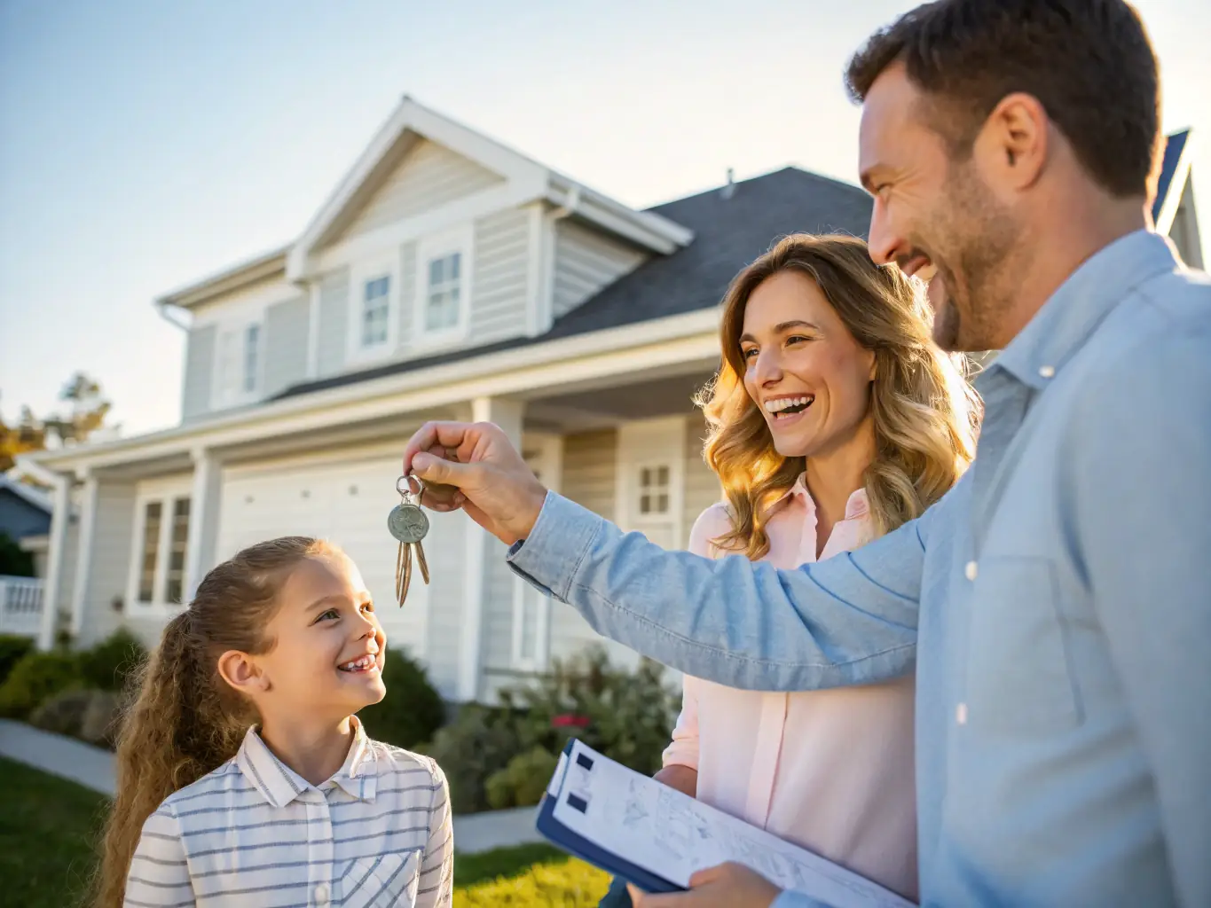 A respectful image of a veteran family receiving keys to their new Laguna Beach home, emphasizing the honor and benefits associated with VA loans.